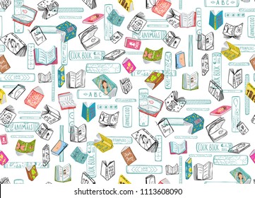 Books Hand Drawn Seamless Pattern. Library books background on transparent. Vector seamless pattern.