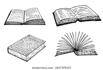 Juego de libros dibujados a mano. Libros abiertos y cerrados aislados sobre fondo blanco. Iconos de bocetos de Vector de la literatura para la Biblioteca, la tienda, la universidad o la escuela aislados sobre fondo blanco