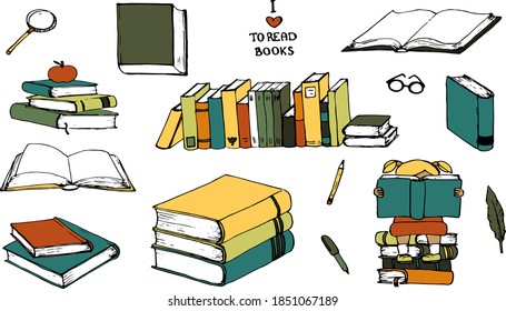Books hand drawn vector illustrations set collection. Blank textbooks, hardbacks with empty pages isolated on white background. Educational material, literature realistic drawing.