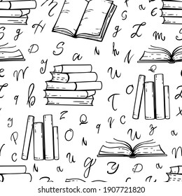 Books hand-drawn seamless pattern on white background. Vector black and white background.