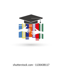 Books, hands and graduation cap, the concept of education. Vector illustration.