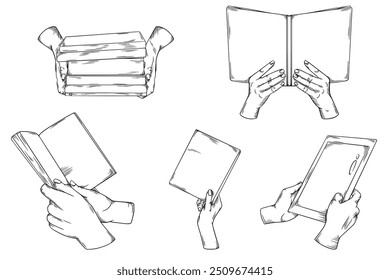 Books in Hands, Hand drawn Line Sketch Illustration Bundle