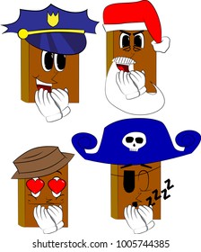 Books with hands over mouth. Cartoon book collection with costume faces. Expressions vector set.