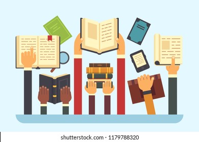 Books in hands. Reading library book. Hand holding textbook, ebook notebook document page, read learning and university education study reader knowledge, bookstore flat vector illustration
