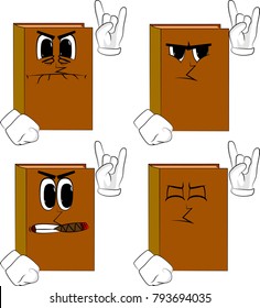 Books with hands in rocker pose. Cartoon book collection with angry faces. Expressions vector set.