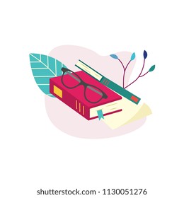 Books with hardcover and eyeglasses lying on paper documents isolated on white background with decorative elements - objects for education or reading leisure in flat vector illustration.