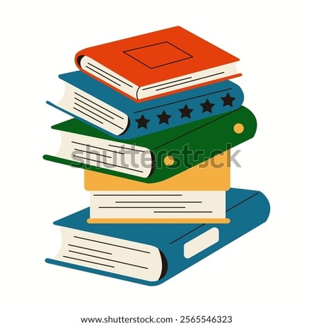 Books with hardcovers pile in library flat color vector objects. Bookstore products heap stacked on display illustration on white background