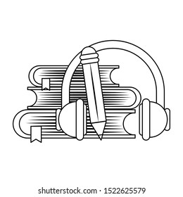 books with headphones and pencil over white background, vector illustration