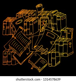 Books in the heap, bright, hand-drawn