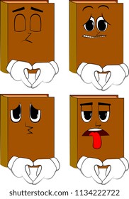 Books with heart shape hand gesture. Cartoon book collection with sad faces. Expressions vector set.