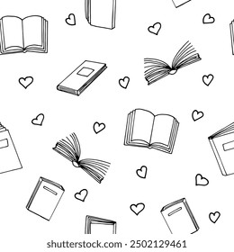 Patrón sin fisuras de libros y corazones. Estilo de doodle dibujado a mano.