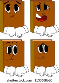Books hitting fists together before a fight. Cartoon book collection with sad faces. Expressions vector set.