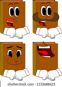 Books hitting fists together before a fight. Cartoon book collection with happy faces. Expressions vector set.