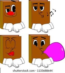 Books hitting fists together before a fight. Cartoon book collection with various faces. Expressions vector set.