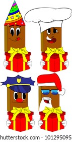 Books holding big gift box. Cartoon book collection with costume faces. Expressions vector set.