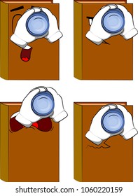 Books holding binoculars in his hands. Cartoon book collection with sad faces. Expressions vector set.