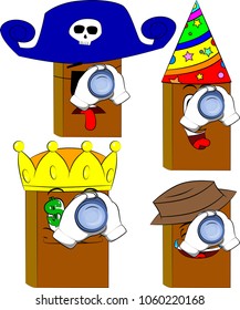 Books holding binoculars in his hands. Cartoon book collection with costume faces. Expressions vector set.