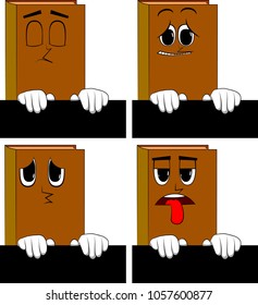 Books holding blank black sign. Cartoon book collection with sad faces. Expressions vector set.