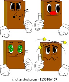 Books holding blank tube of paste. Cartoon book collection with various faces. Expressions vector set.