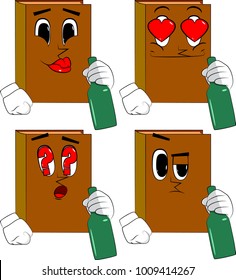 Books holding a bottle. Cartoon book collection with various faces. Expressions vector set.