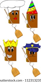 Books holding a broom. Cartoon book collection with costume faces. Expressions vector set.