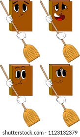 Books holding a broom. Cartoon book collection with sad faces. Expressions vector set.