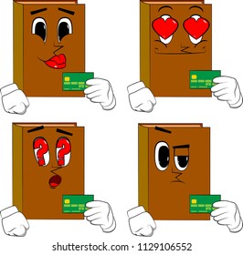 Books holding credit card. Cartoon book collection with various faces. Expressions vector set.