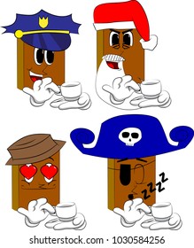Books holding a cup of coffee. Cartoon book collection with costume faces. Expressions vector set.