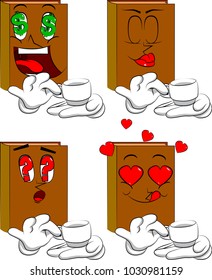 Books holding a cup of coffee. Cartoon book collection with various faces. Expressions vector set.