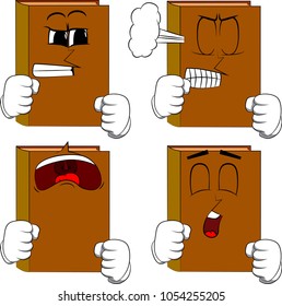 Books holding his fists in front of him ready to fight. Cartoon book collection with angry and sad faces. Expressions vector set.