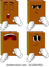 Books holding his fists in front of him ready to fight. Cartoon book collection with sad faces. Expressions vector set.