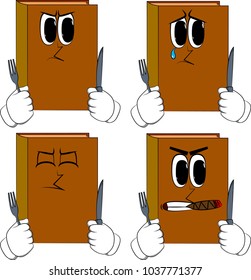 Books holding up a knife and fork. Cartoon book collection with angry and sad faces. Expressions vector set.