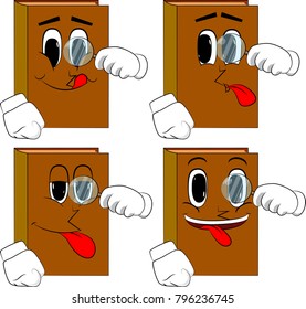Books holding a magnifying glass. Cartoon book collection with happy faces. Expressions vector set.