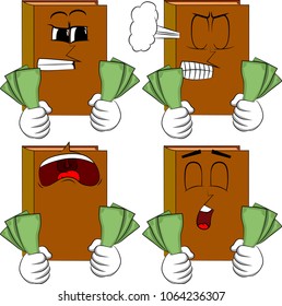 Books holding or showing money bills. Cartoon book collection with angry and sad faces. Expressions vector set.