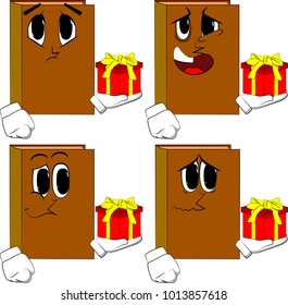 Books holding small gift box. Cartoon book collection with sad faces. Expressions vector set.