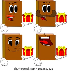 Books holding small gift box. Cartoon book collection with happy faces. Expressions vector set.