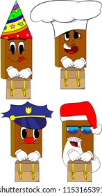 Books holding small suitcase. Cartoon book collection with costume faces. Expressions vector set.