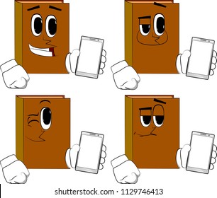Books holding smartphone with blank white screen. Cartoon book collection with happy faces. Expressions vector set.