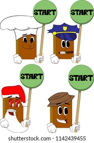 Books holding start sign. Cartoon book collection with costume faces. Expressions vector set.
