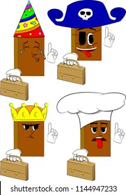 Books holding suitcase and making a point. Cartoon book collection with costume faces. Expressions vector set.