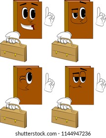 Books holding suitcase and making a point. Cartoon book collection with happy faces. Expressions vector set.