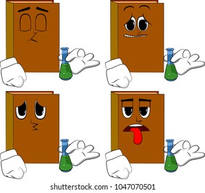 Books holding a test tube. Cartoon book collection with sad faces. Expressions vector set.