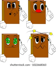 Books holding toothbrush. Cartoon book collection with various faces. Expressions vector set.