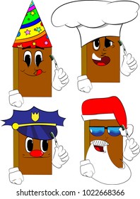 Books holding toothbrush. Cartoon book collection with costume faces. Expressions vector set.