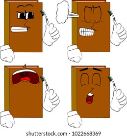 Books holding toothbrush. Cartoon book collection with angry and sad faces. Expressions vector set.