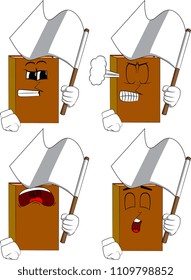 Books holding white flag of surrender. Cartoon book collection with angry and sad faces. Expressions vector set.