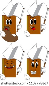 Books holding white flag of surrender. Cartoon book collection with happy faces. Expressions vector set.