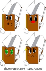 Books holding white flag of surrender. Cartoon book collection with various faces. Expressions vector set.