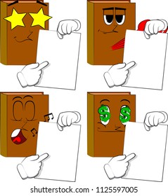 Books holding white paper and pointing at it. Cartoon book collection with various faces. Expressions vector set.