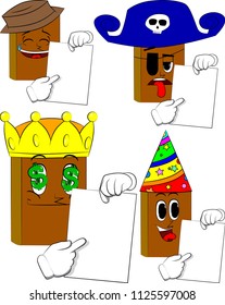 Books holding white paper and pointing at it. Cartoon book collection with costume faces. Expressions vector set.